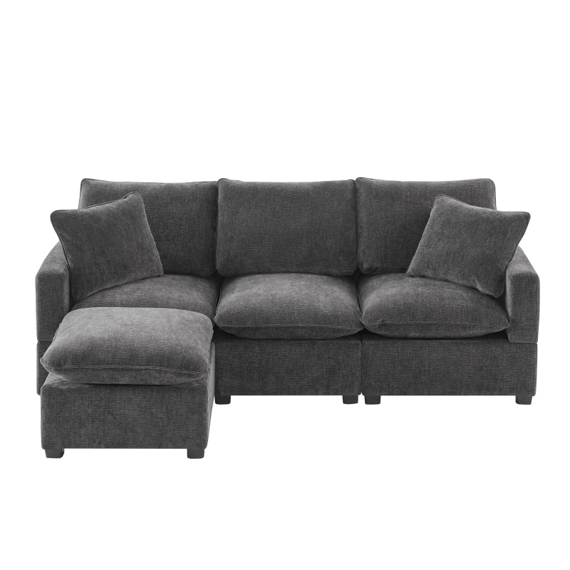 84" x 57" Modern 4-Seat Chenille Modular Sofa Set with 2 Pillows, Freely Combinable, for Living Room, 84″ L x 57″ W x 37″ H, Black+Gray