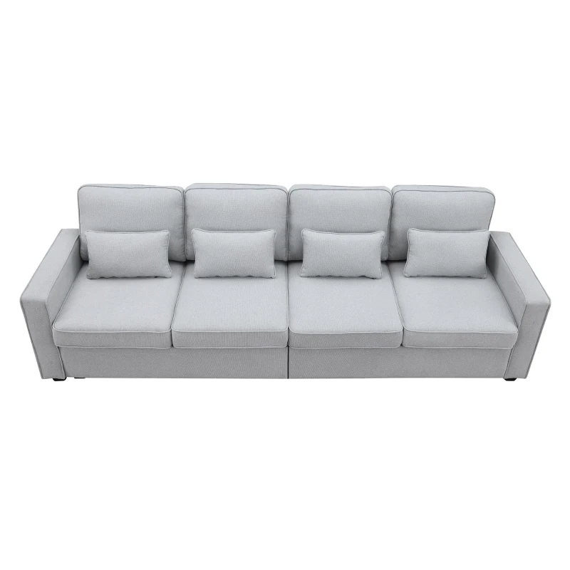 104" 4-Seater Modern Linen Fabric Sofa with Armrest Pockets and 4 Pillows, Minimalist Style, 104″ L x 33″ W x 34.5″ H, Light Gray