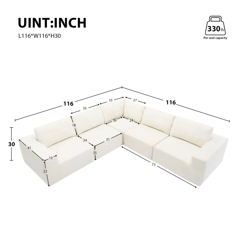 116" Modular L-Shaped Sectional Sofa with 5-Piece Free Combination, Luxury Foam-Filled Sleeper Sofa Bed, 116″ L x 116″ W x 30″ H, Beige