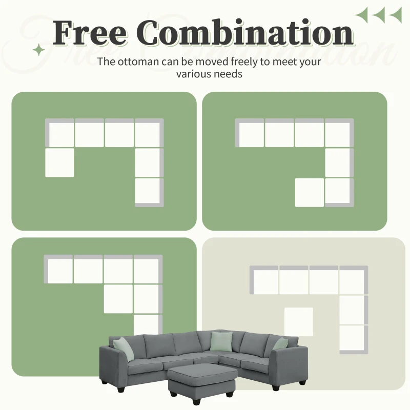 112" x 87" 7-Seater Modular Sofa with Ottoman and 3 Pillows, L-Shaped Fabric Couch Set, Modern Living Room Furniture, Gray