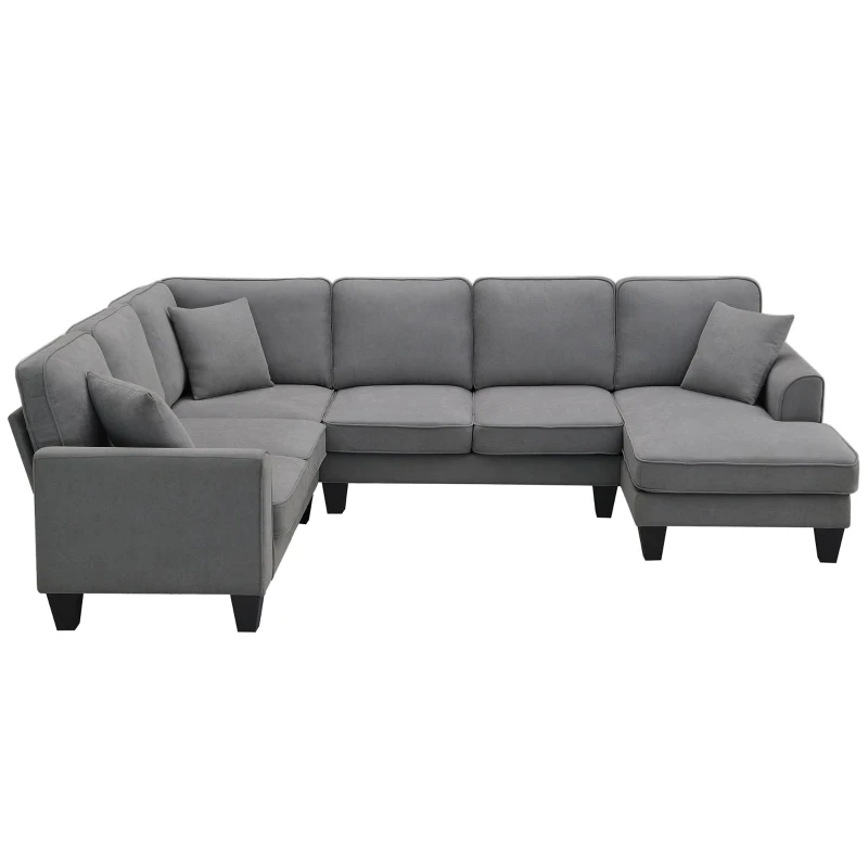 108" Modern U-Shaped 7-Seat Fabric Sectional Sofa Set with 3 Pillows, for Living Room, Apartment, 108″ L x 85.5″ W x 33.5″ H, Dark Grey
