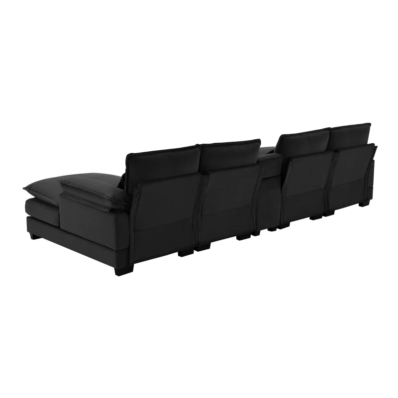 123" Modern U-Shaped 6-Seat Upholstered Sleeper Sofa Set with Console, Cupholders, USB Ports, and Chaise, 123″ L x 55″ W x 33″ H, Black