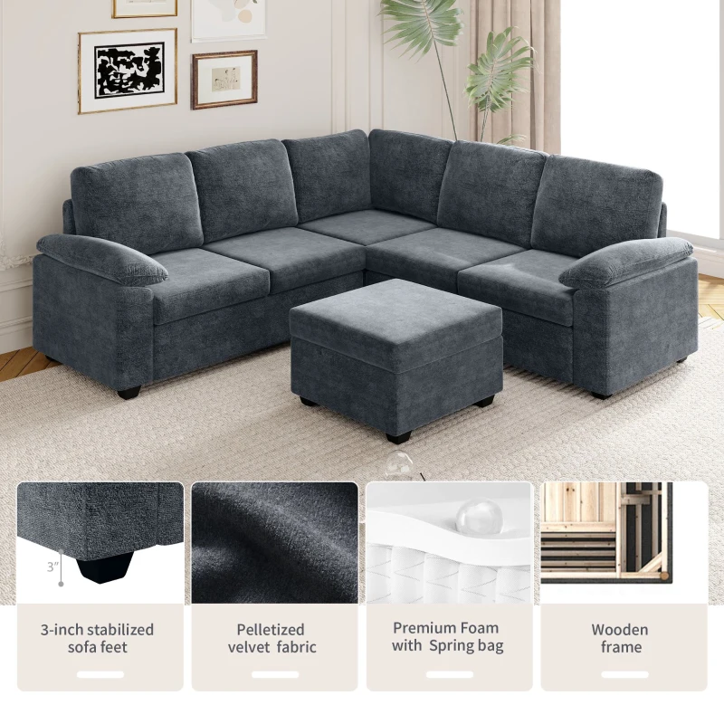 84" x 84" Modern Velvet Sectional Sofa Set with Ottoman and Armrest Pillow, 6-Seat Furniture for Living Room, 84″ L x 84″ W x 35″ H, Gray