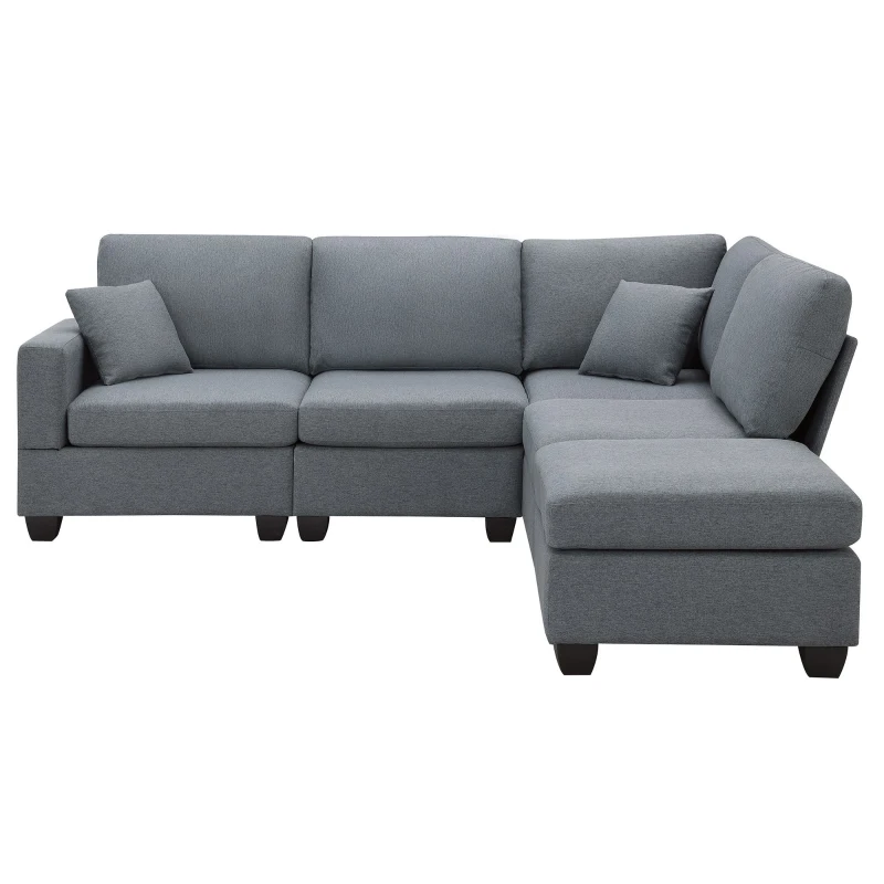 90" Modern L-Shape 5-Seat Sectional Sofa Set with Convertible Ottoman and 2 Pillows, Linen Fabric Couch, 90″ L x 60″ W x 32″ H, Dark Grey
