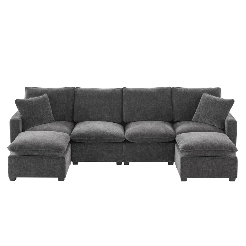 110" Modern U Shape Modular Sofa with 2 Pillows, 6 Seat Chenille Sectional Couch Set, Freely Combinable, 110″ L x 57″ W x 37″ H, Black+Gray
