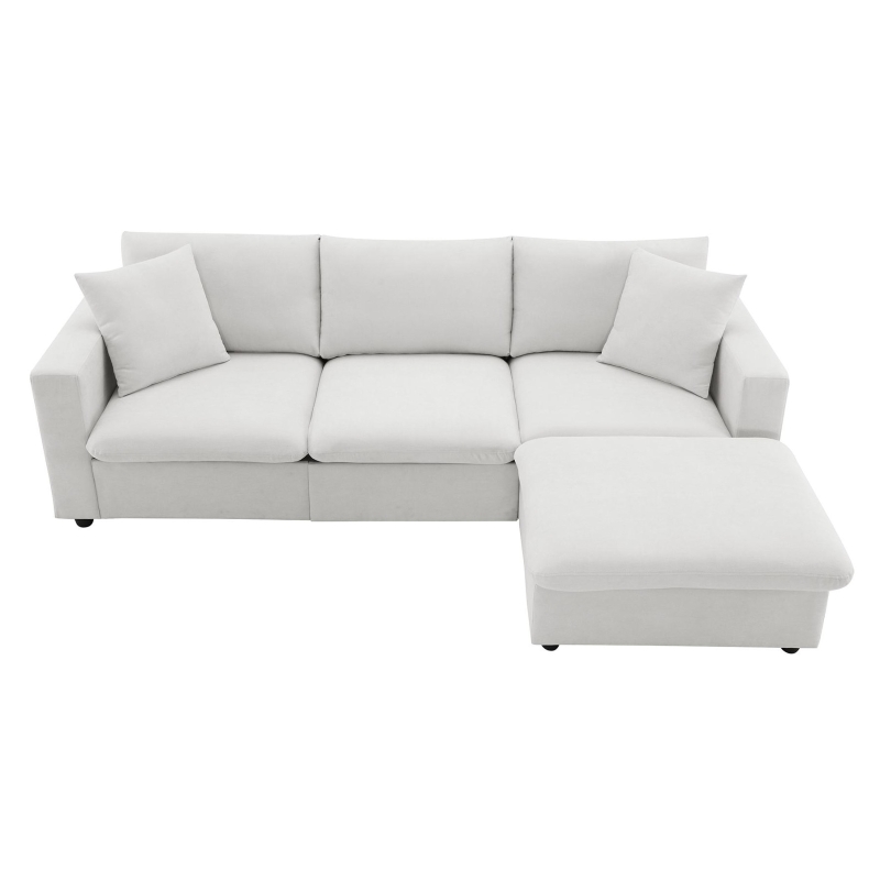 Modern L-Shaped 4-Seat Polyester Fabric Sectional Sofa Set with Convertible Ottoman and 2 Free Pillows, for Living Room, White