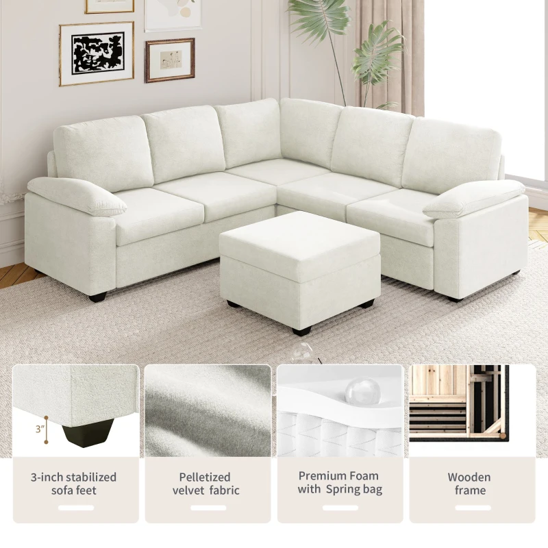 84" x 84" Modern Velvet Sectional Sofa Set with Ottoman and Armrest Pillow, 6-Seat Furniture for Living Room, 84″ L x 84″ W x 35″ H, Beige