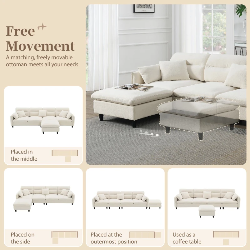 110" x 62" Modern L-Shaped Convertible Sectional Sofa with Free Pillows, 5-Seat Furniture for Living Room, 110″ L x 62″ W x 34″ H, Beige