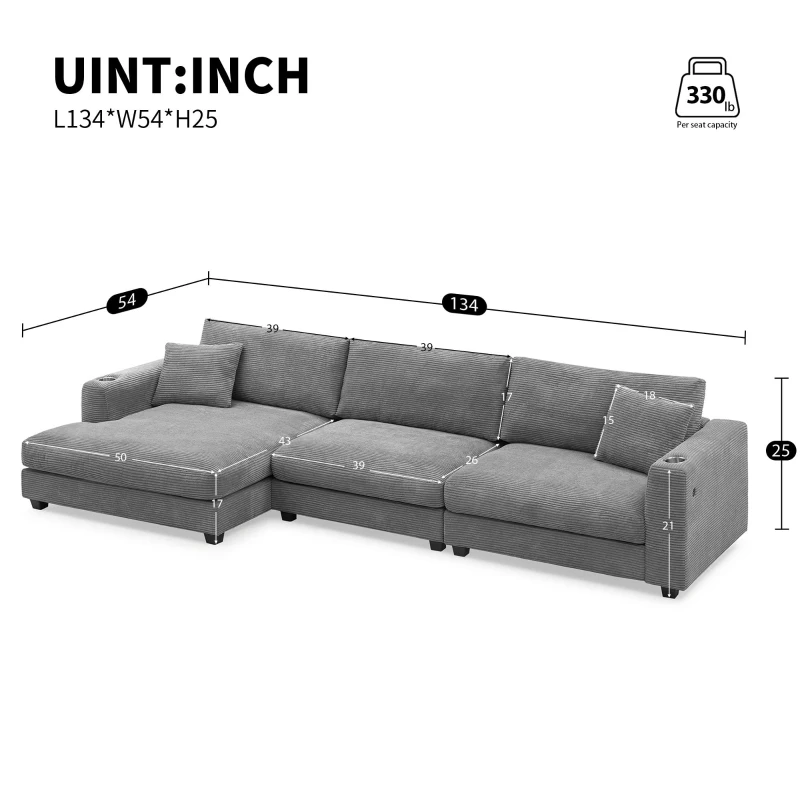Oversized Corduroy Sectional Sofa with USB Charging Port and Cup Holder, Deep Seat Sofa Bed with 50" Chaise, 134″ L x 54″ W x 25″ H, Gray