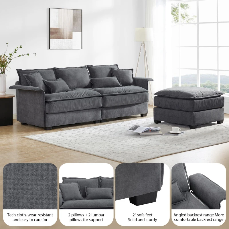 Oversized Luxury Sectional Sofa with Bentwood Armrests, Double Cushions, Ottoman, 4-Seat, L Shape Couch for Living Room, Dark Grey
