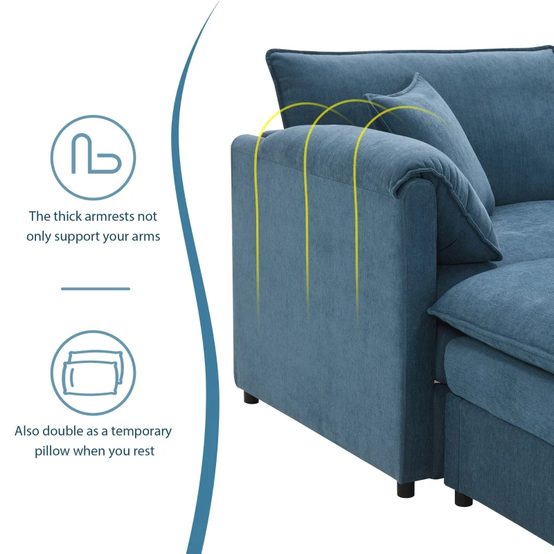 134" Chenille Modular Sectional 6 Seat Sleeper Sofa Bed with Ottomans, Double Cushions, for Living Room, 134″ L x 66″ W x 35″ H, Blue