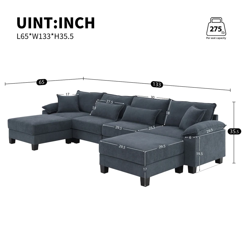 Wide Seat Corduroy Modular Sectional Sofa Bed, Couch Set with Armrest Pillow, 6 Seat Free Combination Sofa, 73" L x 65" W x 34" H, Gray