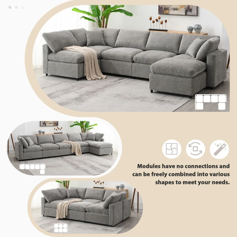 130" x 65" Modern Modular Cloud Sofa Bed with Ottoman, 6-Seat, Convertible U Shaped Sofa for Living Room, Apartment, Gray