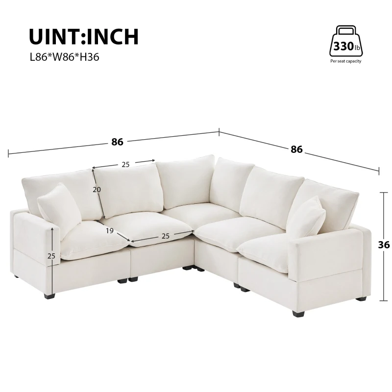84" x 84" Modern L Shape Modular Sofa with 2 Pillows, 5 Seat Chenille Sectional Couch Set, for Living Room, 84″ L x 84″ W x 37″ H, White