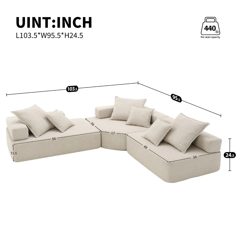 Oversized Modular L Shaped Sectional Sofa with 3-Piece Free Combination, Convertible Couch for Living Room, 103.5" L x 95.5" W x 24.5" H, Beige