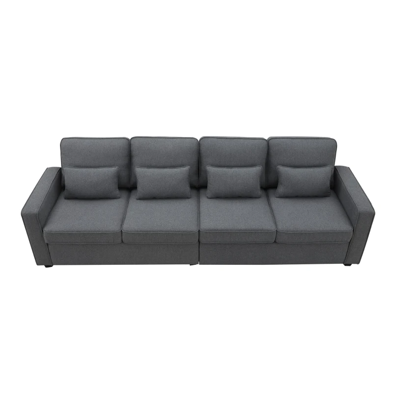 104" 4-Seater Modern Linen Fabric Sofa with Armrest Pockets and 4 Pillows, Minimalist Style, 104″ L x 33″ W x 34.5″ H, Dark Gray
