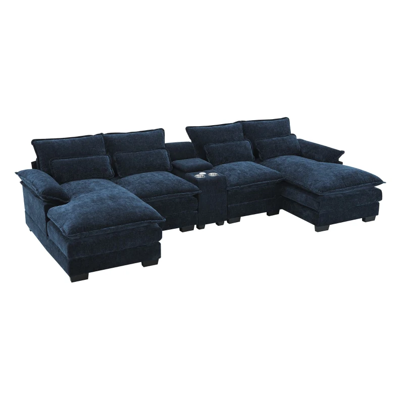 123" Modern U-Shaped 6-Seat Upholstered Sleeper Sofa Set with Console, Cupholders, USB Ports, and Chaise, 123″ L x 55″ W x 33″ H, Blue