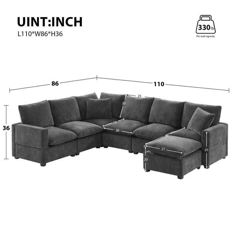 110" x 84" Modern U-Shape 7-Seat Chenille Modular Sofa Set with 2 Pillows, Freely Combinable for Living Room, 110″ L x 84″ W x 37″ H, Black+Gray