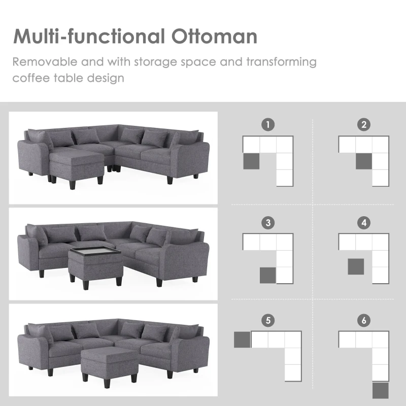 87" Modern Sectional Sofa with Coffee Table, Ottoman, Armrests, 6 Pillows, 6-Seat Couch for Living Room, 87″ L x 87″ W x 30″ H, Gray