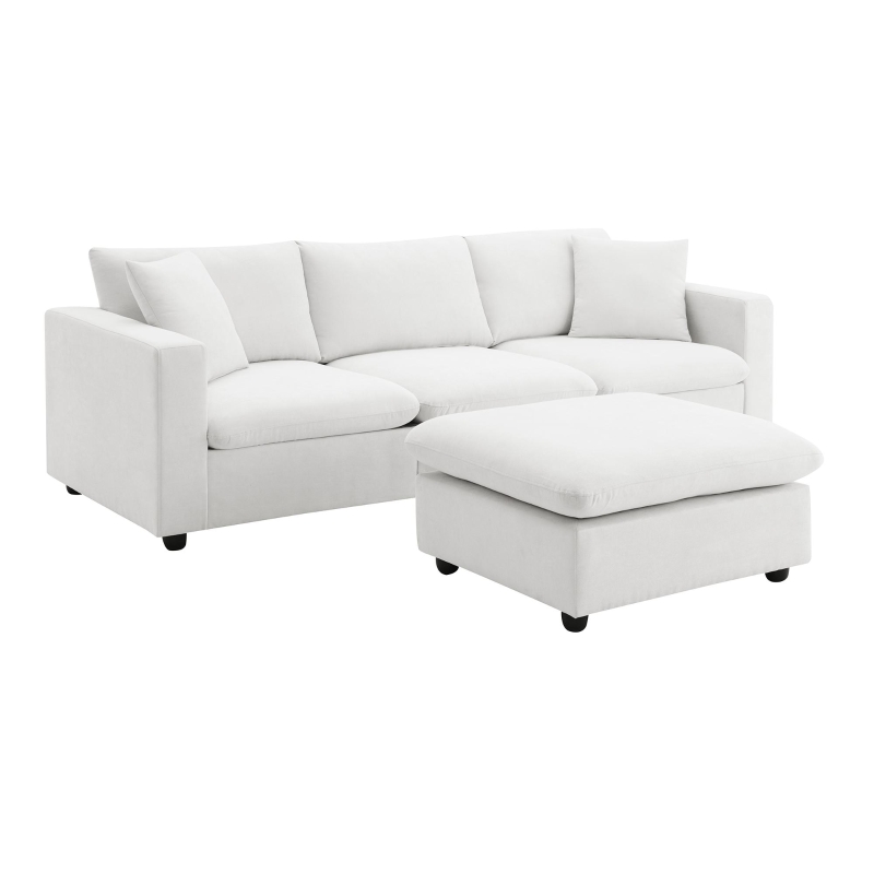 Modern L-Shaped 4-Seat Polyester Fabric Sectional Sofa Set with Convertible Ottoman and 2 Free Pillows, for Living Room, White