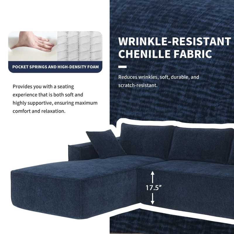 Minimalist Modular Sectional Sofa, Wrinkle-Resistant Chenille, L-Shaped Sleeper, No Assembly Required, 111.5" L x 72" W x 32" H, Dark Blue