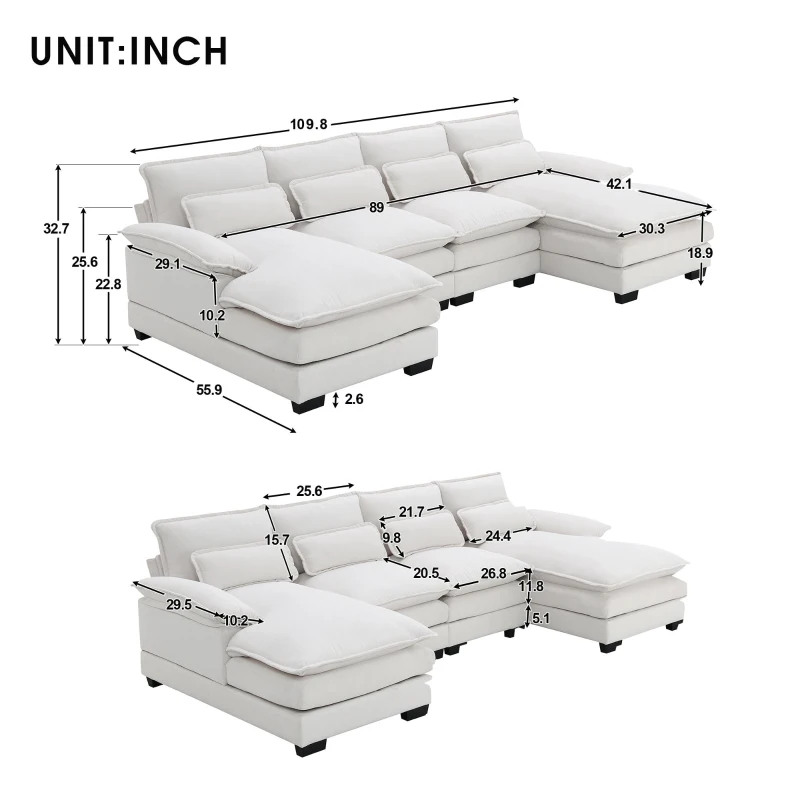 Modern U-Shaped 6-Seat Sectional Sofa with Chaise Lounge, Upholstered Sleeper Couch with Waist Pillows, 110″ L x 55″ W x 33″ H, White