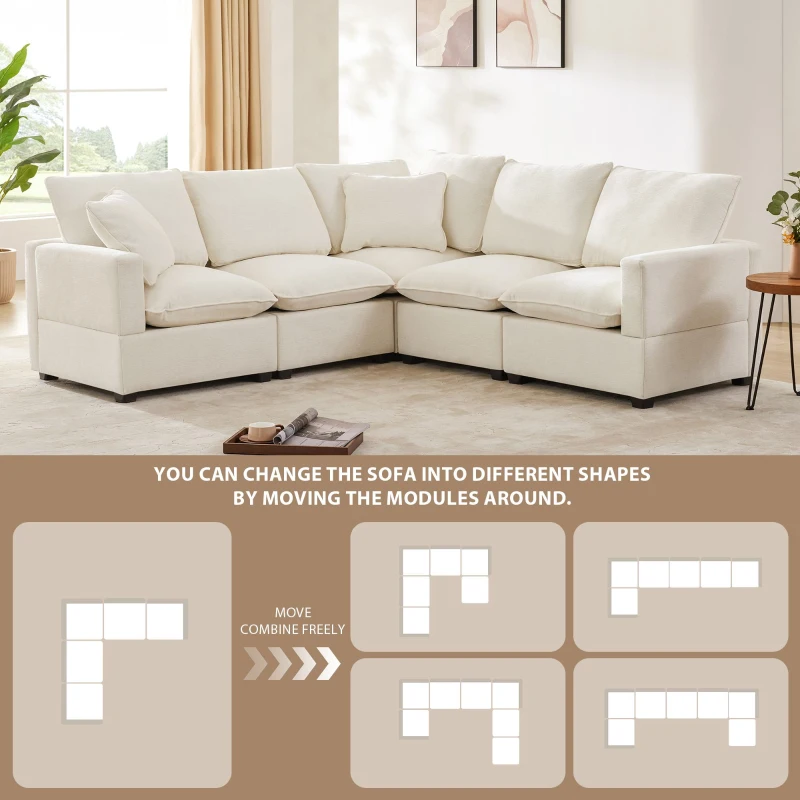 84" x 84" Modern L Shape Modular Sofa with 2 Pillows, 5 Seat Chenille Sectional Couch Set, for Living Room, 84″ L x 84″ W x 37″ H, White