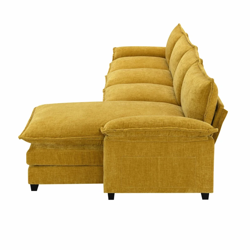 118" x 55" Modern L-Shaped Chenille Cloud Sofa with Double Seat Cushions and Chaise Lounge, 5-Seat Couch for Living Room, Ginger