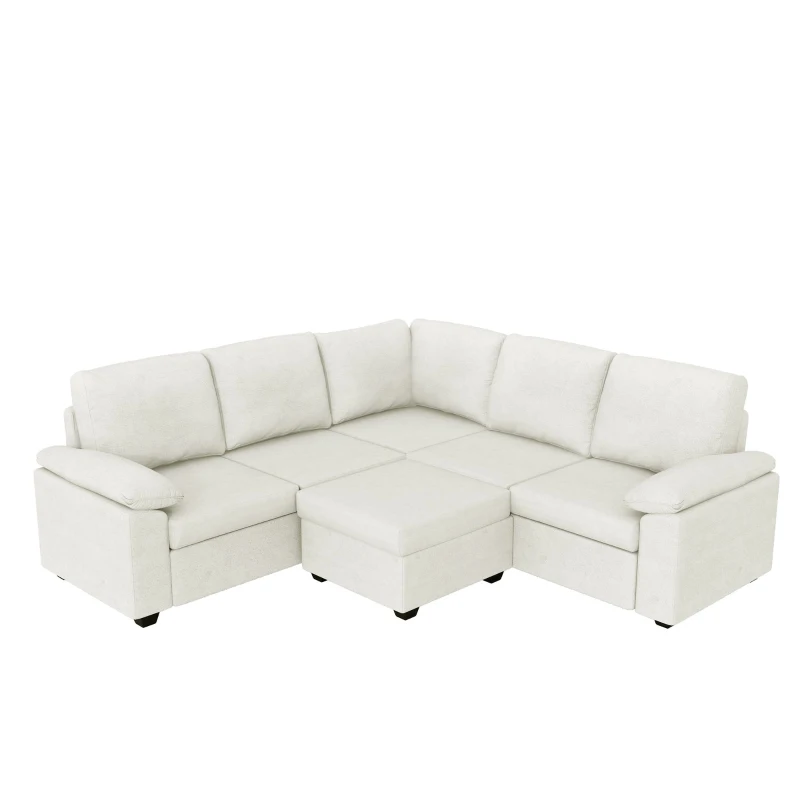 84" x 84" Modern Velvet Sectional Sofa Set with Ottoman and Armrest Pillow, 6-Seat Furniture for Living Room, 84″ L x 84″ W x 35″ H, Beige