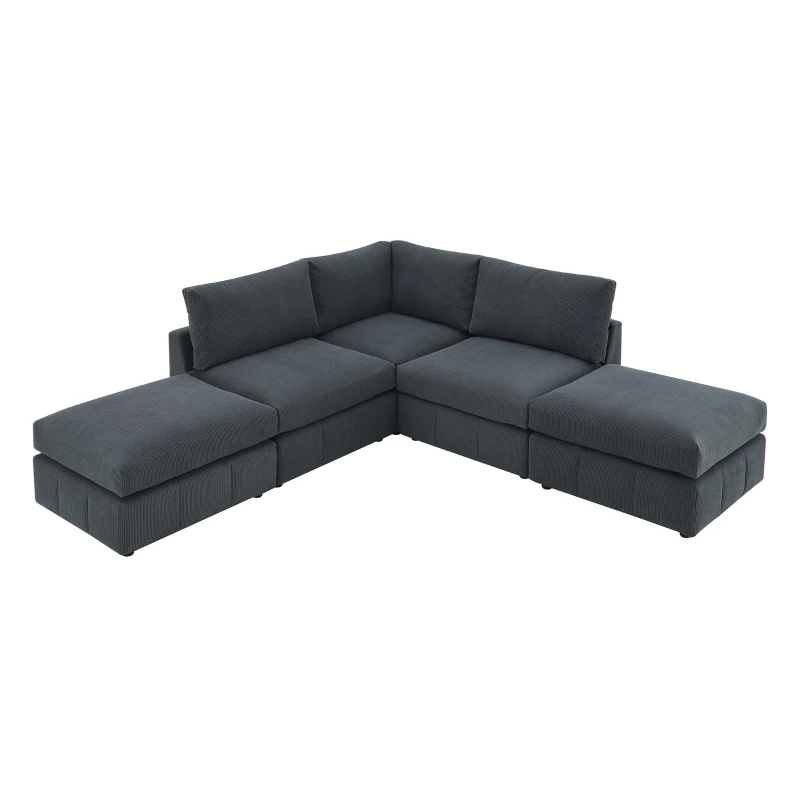 93" Modern Sectional Sofa with Convertible Ottomans and Vertical Stripes, 5-Seat L-Shape Armless Couch Set for Living Room, Dark Gray