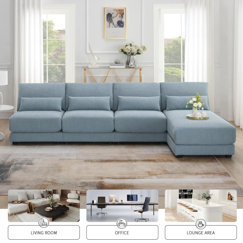 Oversized Deep Seat Sectional Sofa with Reversible Chaise, Loop Yarn Fabric, 5-Seat Couch for Living Room, 120″ L x 61″ W x 33″ H, Blue