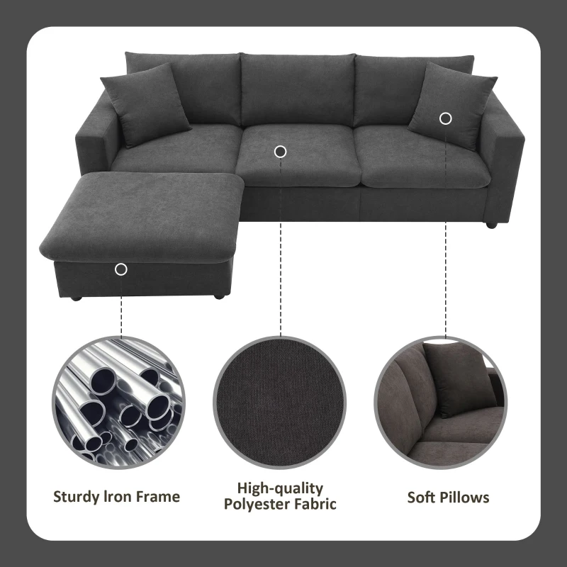 Modern L-Shaped 4-Seat Polyester Fabric Sectional Sofa Set with Convertible Ottoman and 2 Free Pillows, for Living Room, Dawn Gray