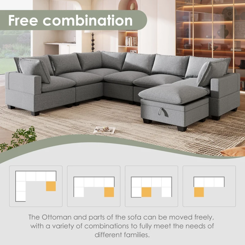 120" x 93" Modern U-Shape Modular Sofa with Storage Ottoman and 2 Pillows, 7-Seat Freely Combinable Furniture for Living Room, Gray
