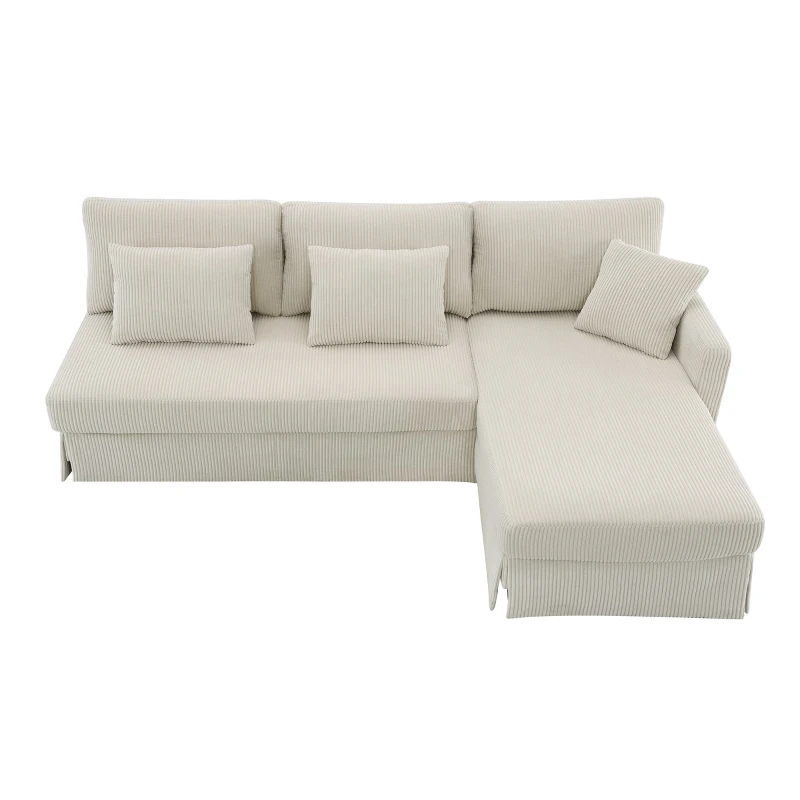 87" x 61" Modern L-Shaped Corduroy Sofa with Reversible Chaise, 4-Seat, Couch with Pillows for Living Room, 87″ L x 61″ W x 33″ H, Beige