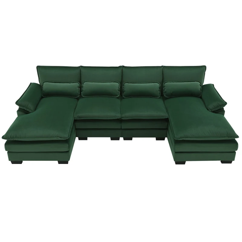 Modern U-Shaped 6-Seat Sectional Sofa with Chaise Lounge, Upholstered Sleeper Couch with Waist Pillows, 110″ L x 55″ W x 33″ H, Green