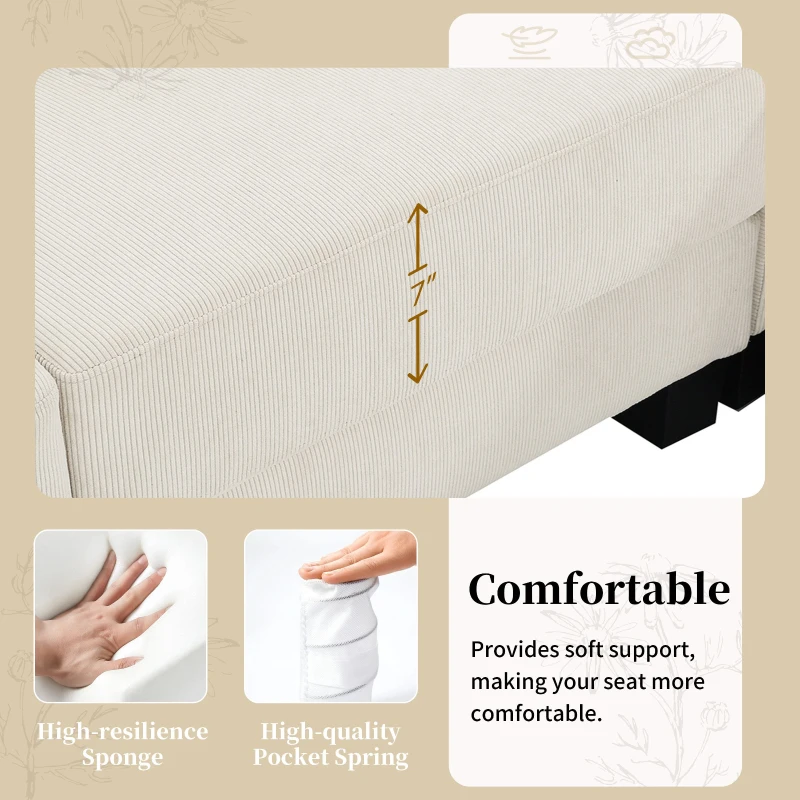 133" x 65" U-Shaped Corduroy Modular Sectional Sofa with Armrest Bags, 6-Seat Freely Combinable Sofa Bed, for Living Room, Beige