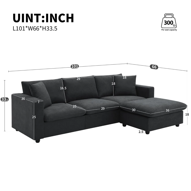 Modern L-Shaped 4-Seat Polyester Fabric Sectional Sofa Set with Convertible Ottoman and 2 Free Pillows, for Living Room, Black