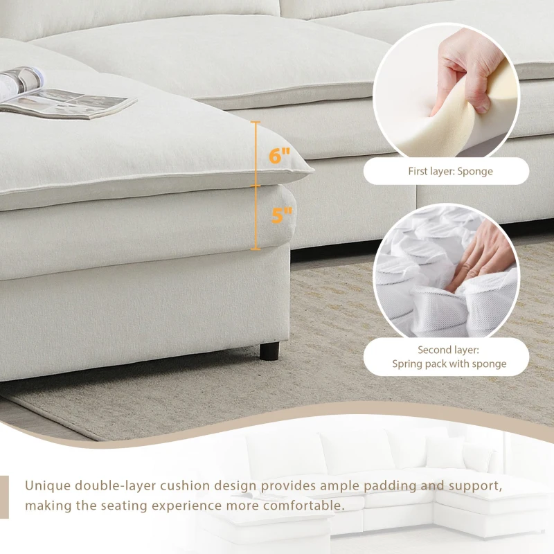 134" Chenille Modular Sectional 6 Seat Sleeper Sofa Bed with Ottomans, Double Cushions, for Living Room, 134″ L x 66″ W x 35″ H, Cream