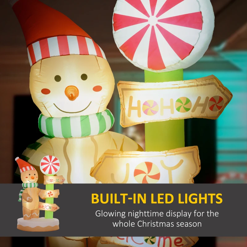 Outsunny 6' Christmas Inflatable Gingerbread Man and Signpost w/ LED Lights, Blow-Up Outdoor Display for Party