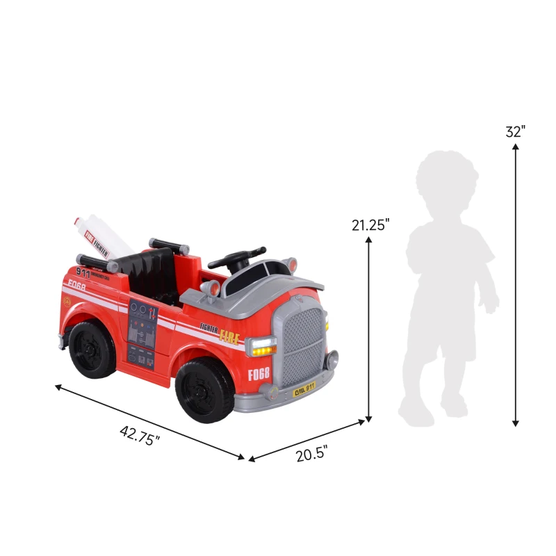 Aosom 6V Electric Ride-On Fire Truck Vehicle for Kids with Remote Control Music Lights and Ladder