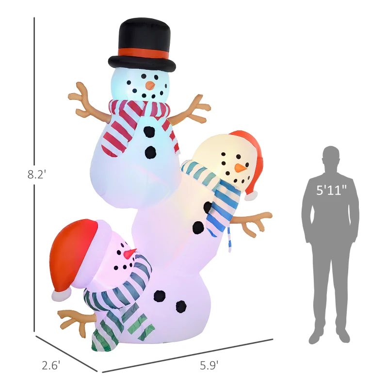 Outsunny 8.2' Inflatable Three Stacked Snowmen w/ LED Lights, Blow-Up Outdoor Christmas Display for Party