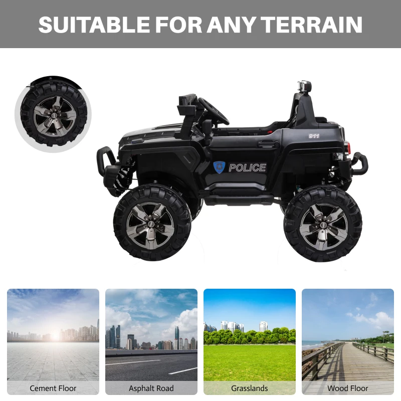 Aosom Kids Ride-On Car 12V RC 2-Seater Police Truck Electric Car For Kids with Full LED Lights, MP3, Parental Remote Control, Black(m-4)