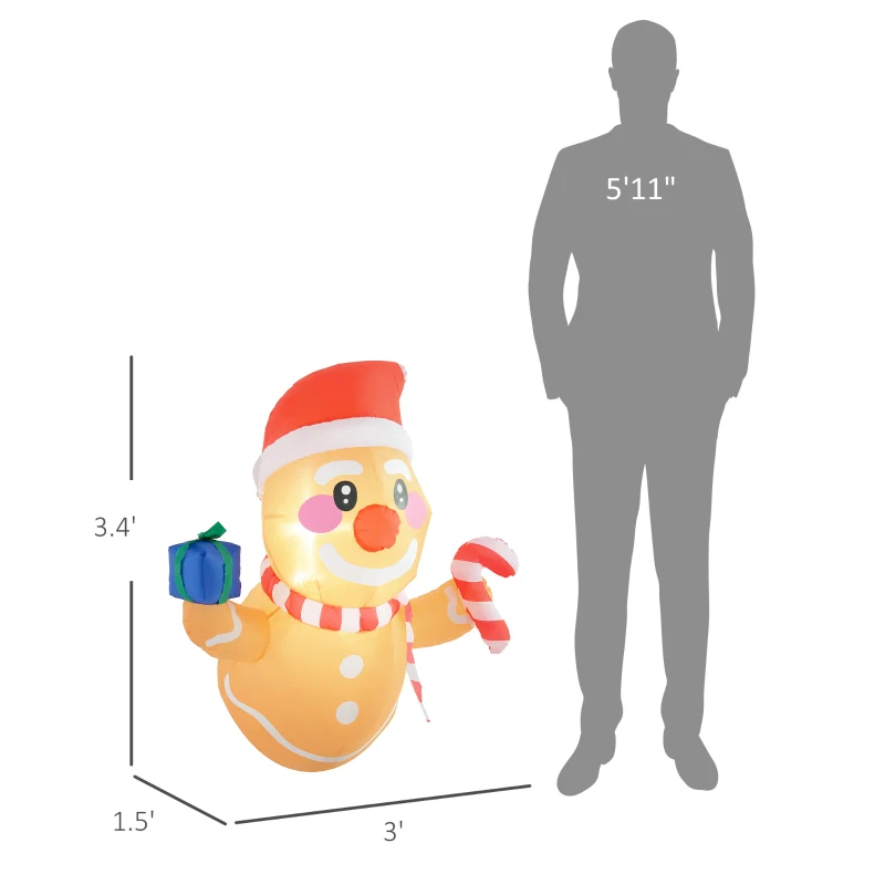 Outsunny 3.4' Inflatable Hanging Gingerbread Man Holding Gift Box & Candy Cane w/ LED Lights, Blow-Up Outdoor Display for Party