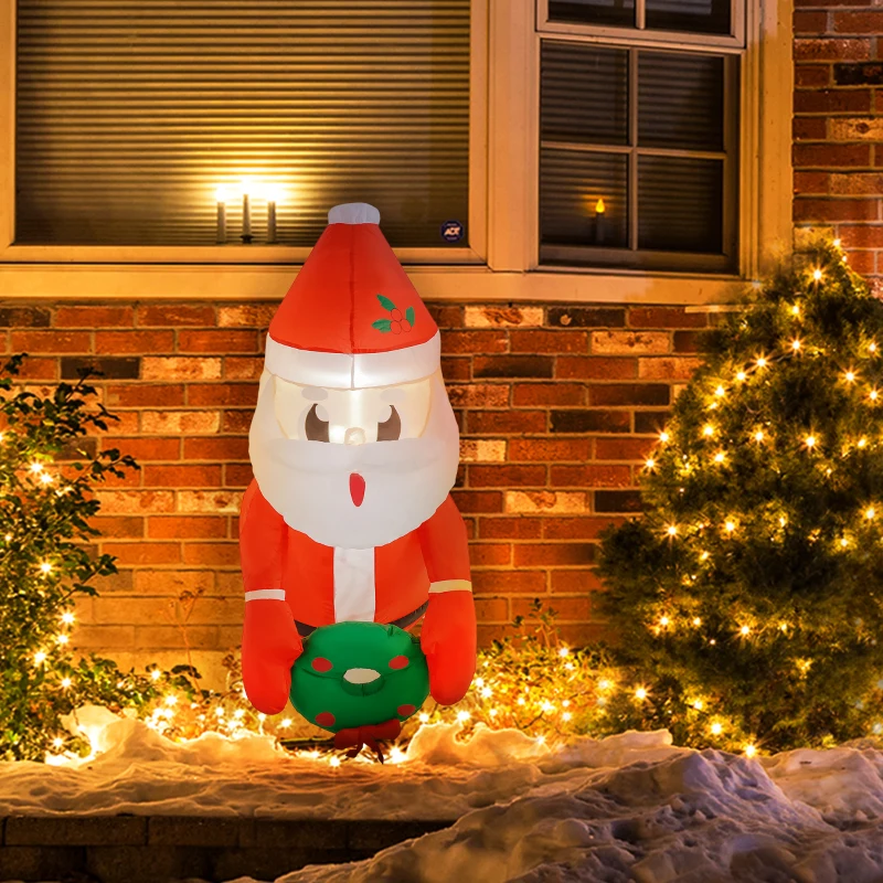 Outsunny 3.4' Inflatable Santa Claus Holding Wreath w/ LED Lights, Blow-Up Outdoor Hanging Display for Garden Party