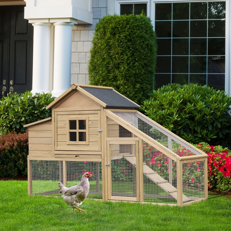 PawHut 69" Wooden Chicken Coop, Poultry Cage Hen House with Connecting Ramp, Removable Tray, Ventilated Window and Nesting Box, Natural
