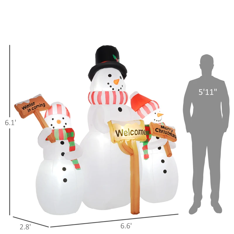 Outsunny 6.1' Inflatable Three Snowmen with Sign Each, Blow-Up Outdoor Christmas Display w/ LED Lights for Party