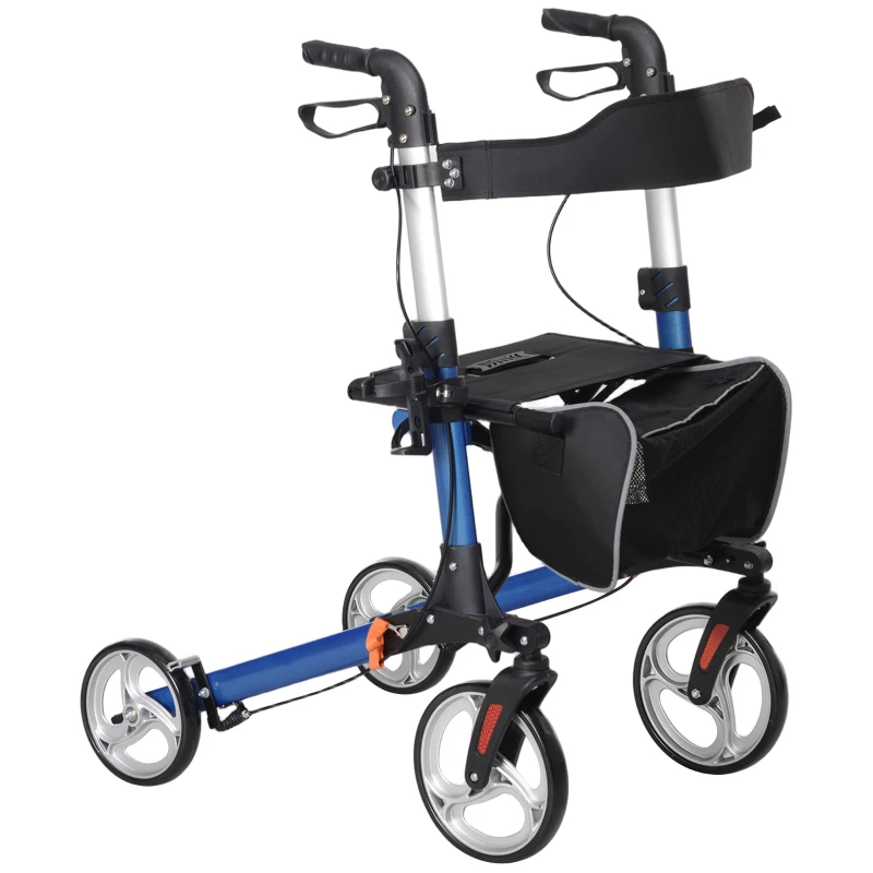 HOMCOM Lightweight Folding Rolling Walker with Large Seat, Back, Adjustable Handle, Bag, Dual Brake, Cane Holder, Blue