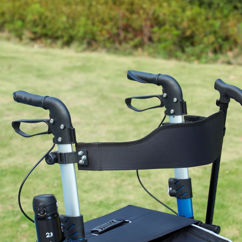 HOMCOM Lightweight Folding Rolling Walker with Large Seat, Back, Adjustable Handle, Bag, Dual Brake, Cane Holder, Blue