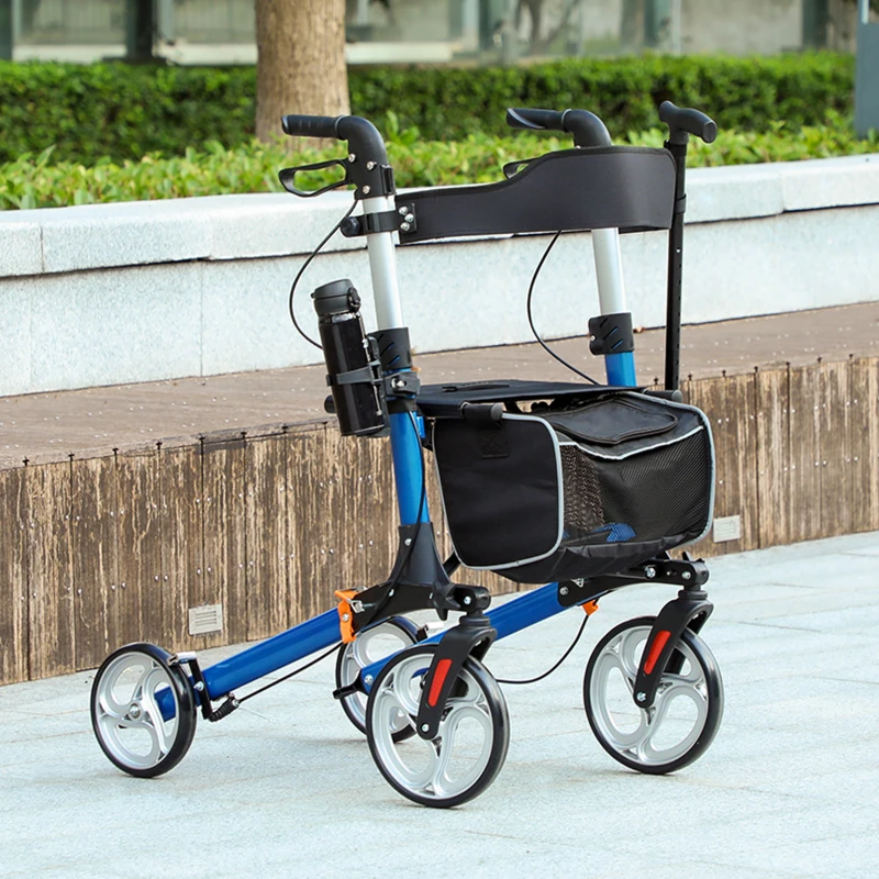 HOMCOM Lightweight Folding Rolling Walker with Large Seat, Back, Adjustable Handle, Bag, Dual Brake, Cane Holder, Blue