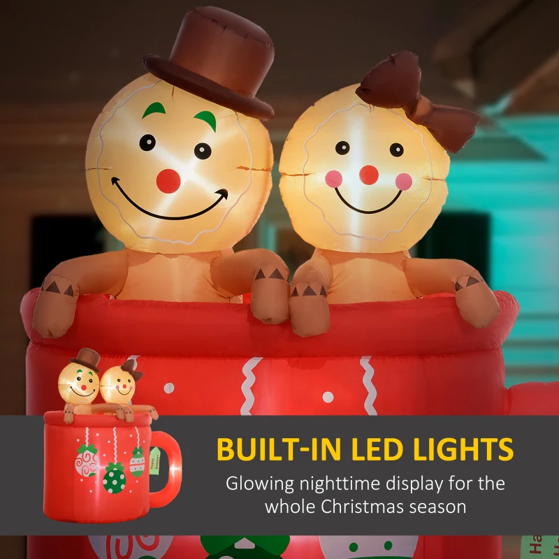 Outsunny 6FT Inflatable Gingerbread Couple in Hot Cocoa Mug, Christmas Blow Up Decoration with LED Lights for Indoor, Outdoor